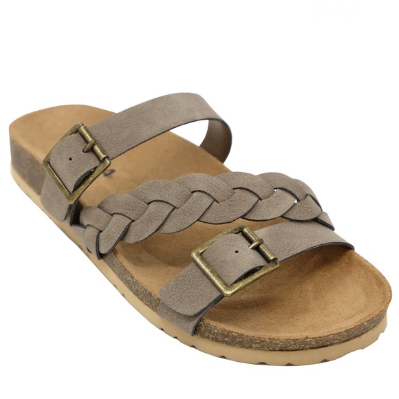 New Taupe Braided Strap Slip On Slide Cork Sandals - Picture 1 of 3